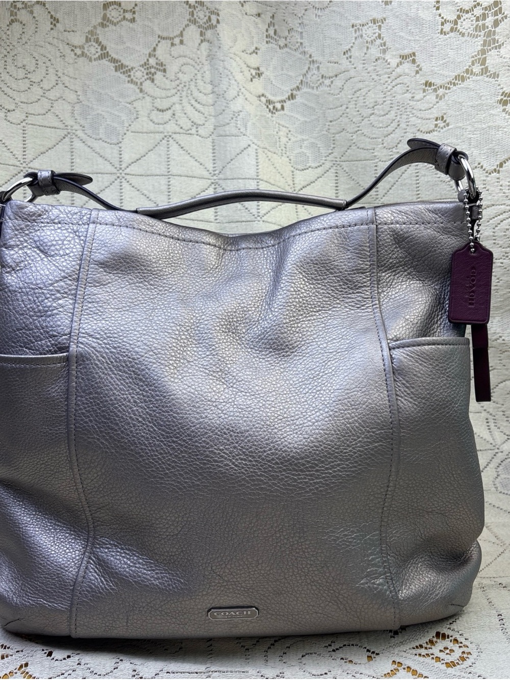Coach Silver Metallic Pebbled Leather Shoulder Bag with Purple Tag